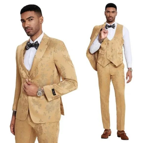 2024 Floral Mens 3PC Suit w/ Double Breasted Vest by Tazzio, Golden - Picture 1 of 5